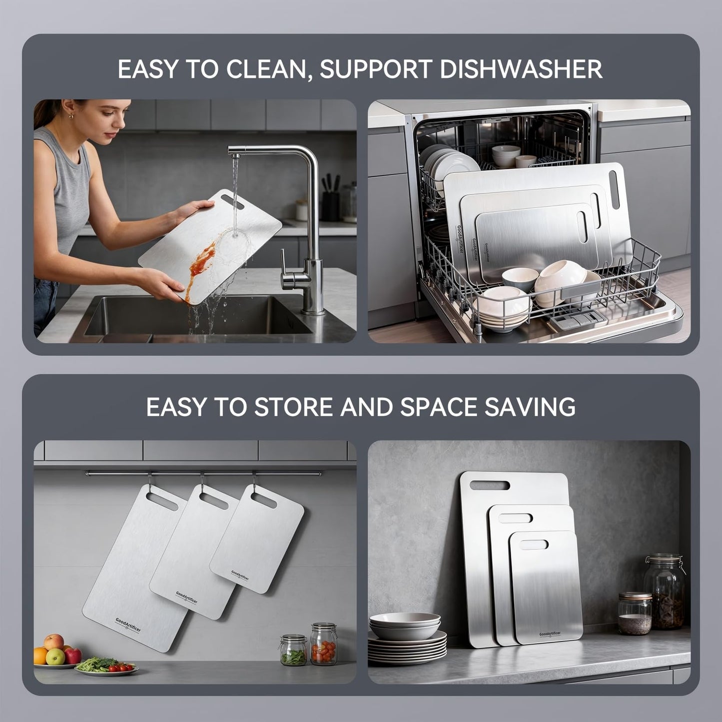 Titanium Cutting Boards Set of 3, 100% Pure Titanium Kitchen Cutting Board, Double-Sided Non-Toxic Cutting Board, Ideal for Slicing and Dicing Meats, Features Handle, Dishwasher Safe