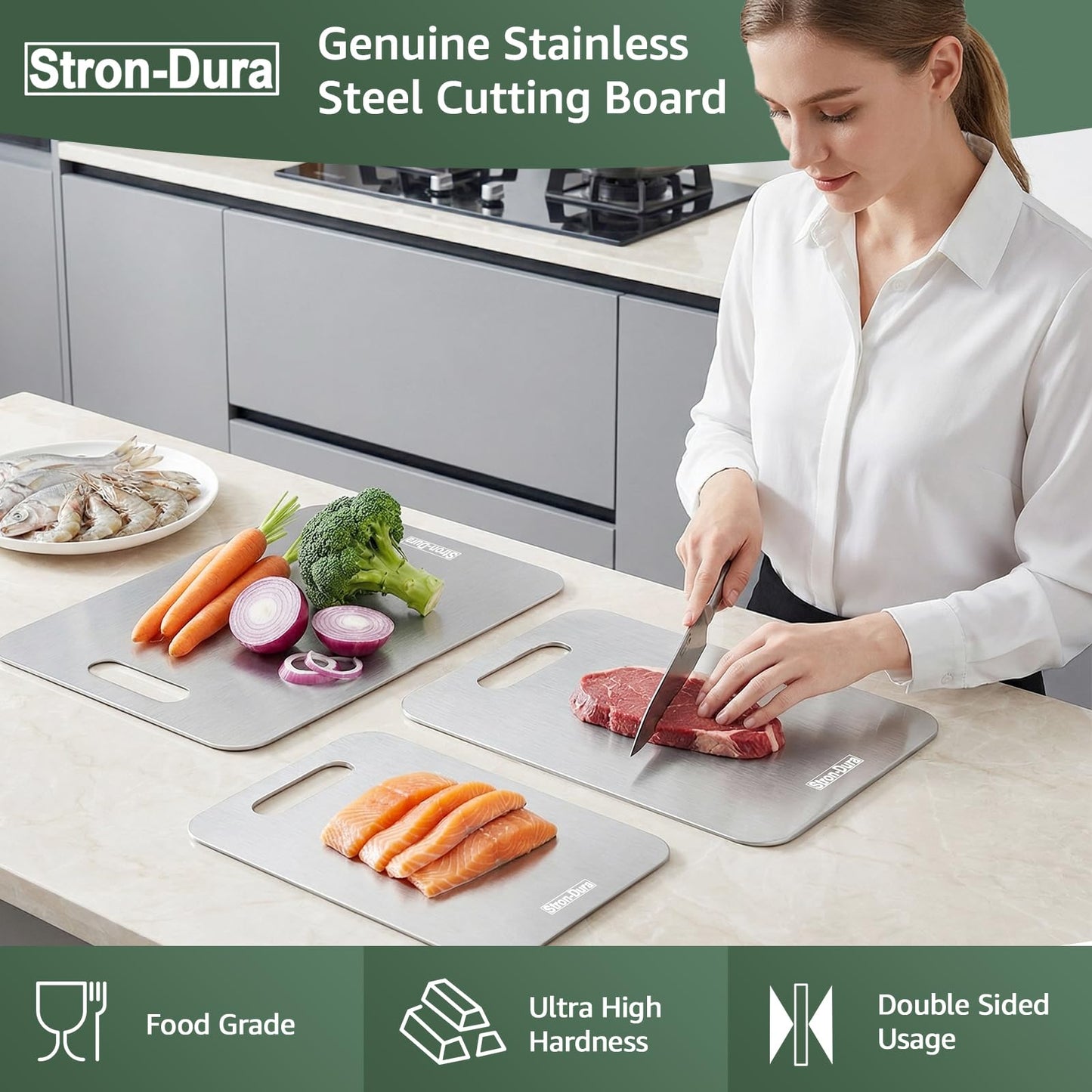 Stron- Dura Cutting Board - 304 Food Grade Stainless Steel Cutting Boards for Kitchen- for cutting Meat, Fruit, Vegetables, Outdoor or Indoor 11.5" X 8" (1, Small)